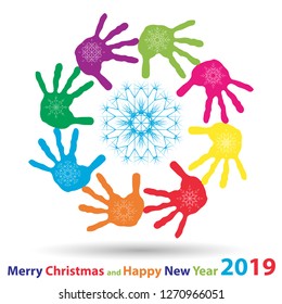 Vector artistic icy abstract crystal snow flakes over handprints isolated on background as winter or december decoration. Ice or frost beautiful star ornament on hand silhouettes or 2019 season art