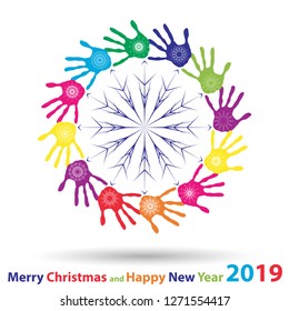 Vector artistic icy abstract crystal snow flakes over handprints isolated on background as winter or december decoration. Ice or frost beautiful star ornament on hand silhouettes or 2019 season art