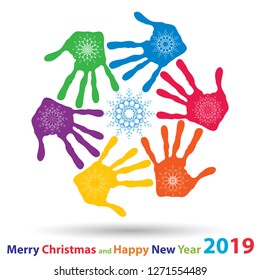 Vector artistic icy abstract crystal snow flakes over handprints isolated on background as winter or december decoration. Ice or frost beautiful star ornament on hand silhouettes or 2019 season art