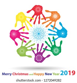 Vector artistic icy abstract crystal snow flakes over handprints isolated on background as winter or december decoration. Ice or frost beautiful star ornament on hand silhouettes or 2019 season art
