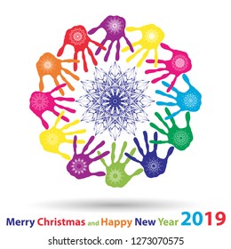 Vector artistic icy abstract crystal snow flakes over handprints isolated on background as winter or december decoration. Ice or frost beautiful star ornament on hand silhouettes or 2019 season art
