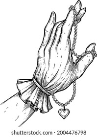 Vector, artistic illustration, handmade, made with pen and ink. A woman's gloved hand holds a necklace.