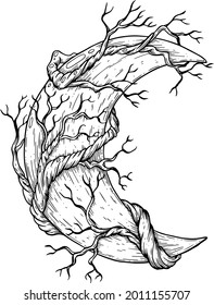 Vector, artistic illustration, handmade, made with pen and ink. The moon with the branches of a tree.