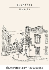 Vector artistic illustration of street corner in Budapest city, Hungary. Monochrome hand drawing travel sketch with hand lettering. Vertical postcard greeting card design template