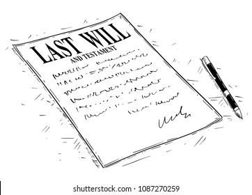 Vector artistic ink drawing illustration of pen and last will and testament document to sign.