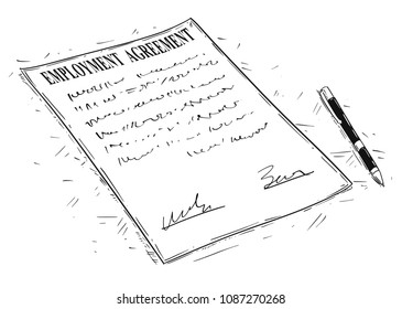 Vector artistic ink drawing illustration of pen and employment agreement document to sign.