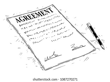 Vector artistic ink drawing illustration of pen and agreement document to sign.
