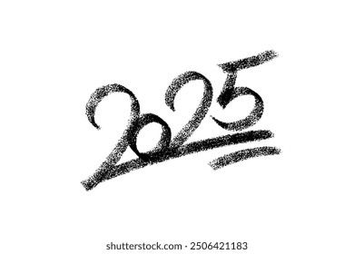 Vector artistic inscription 2025 hand drawn crayon effect. Modern lettering card, holiday template, banner. New year greeting art.