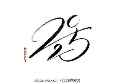 Vector artistic inscription happy 2025 in oriental ink calligraphy style. Modern lettering card, holiday template, banner. New year greeting art.