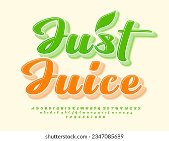 Vector artistic label Just Juice. Green Glossy 3D Font. Bright Handwritten Alphabet Letters, Numbers and Symbols