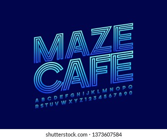 Vector artistic label Maze Cafe with gradient color Font. Trendy blue Alphabet Letters and Numbers