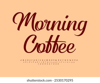 Vector artistic label Morning Coffee. Stylish handwritten Font. Decorative Alphabet Letters and Numbers set.