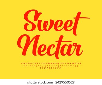 Vector artistic label Sweet Nectar. Beautiful Cursive Font. Stylish Red Alphabet Letters and Numbers set.