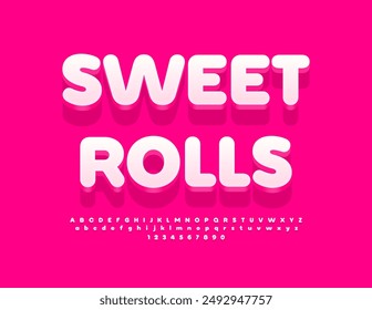 Vector artistic label Sweet Rolls. Cute White 3D Font. Creative Alphabet Letters and Numbers set.