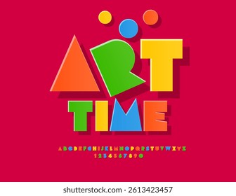Vector Artistic logo Art Time. Colorful Big Geometric Font. Artistic Kids Paper Alphabet Letters and Numbers set.