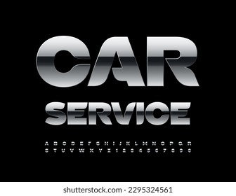 Vector artistic logo Car Service. Modern Silver Font. Metallic Alphabet Letters and Numbers set