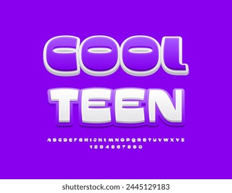 Vector artistic logo Cool Teen. White and Violet Stylish Font. Bright Trendy Alphabet Letters and Numbers set.