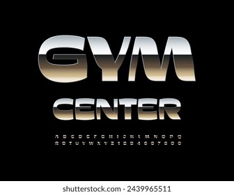 Vector artistic logo Gym Center. Creative Silver Font. Unique Metallic Alphabet Letters and Numbers set. 