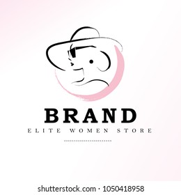Vector artistic logo with hand drawn lady in hat portrait isolated on white background. Outline drawing. Good for women accessory & cloth boutique, cosmetic shop, girl care salon, fashion store emblem