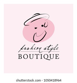 Vector artistic logo with hand drawn lady in hat portrait isolated on background. Outline drawing. Good for women accessory & cloth boutique, cosmetic shop, girl care salon, fashion store emblem
