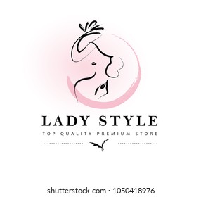 Vector artistic logo with hand drawn lady in hat portrait isolated on white background. Outline drawing. Good for women accessory & cloth boutique, cosmetic shop, girl care salon, fashion store emblem
