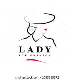 Vector artistic logo with hand drawn lady in hat portrait isolated on white background. Outline drawing. Good for women accessory & cloth boutique, cosmetic shop, girl care salon, fashion store emblem