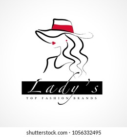 Vector artistic logo with hand drawn lady in hat portrait isolated on white background. Outline drawing. Good for women accessory & cloth boutique, cosmetic shop, girl care salon, fashion store emblem