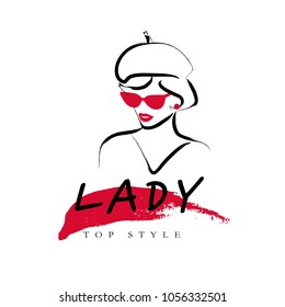 Vector artistic logo with hand drawn lady in hat portrait isolated on white background. Outline drawing. Good for women accessory & cloth boutique, cosmetic shop, girl care salon, fashion store emblem