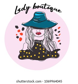 Vector artistic logo with hand drawn lady in hat portrait isolated on white background. Outline drawing. Good for women accessory cloth boutique, cosmetic shop, girl care salon, fashion store emblem