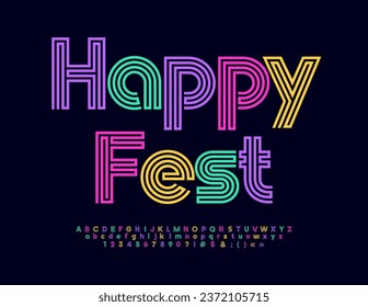 Vector artistic logo Happy Fest. Maze style Font. Unique colorful Alphabet Letters and Numbers