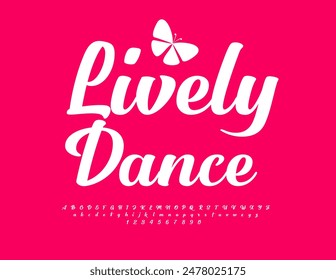 Logo artístico de Vector Lively Dance. Hermosa fuente blanca. Conjunto de letras y números cursivos modernos.