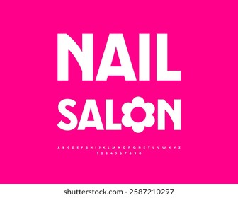 Vector Artistic logo Nail Salon with Decorative Flower. Elegant White 3D Font. Trendy Alphabet Letters, Numbers and Symbols set.