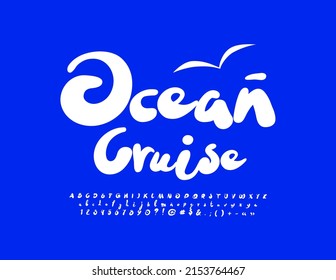 Vector artistic logo Ocean Cruise with decorative abstract Bird. Simple style Font. White handwritten Alphabet Letters, Numbers and Symbols set