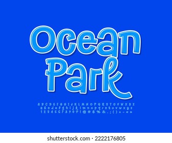 Vector artistic logo Ocean Park. Handwritten Blue Font. Playful Alphabet Letters and Numbers set