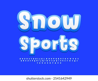 Vector artistic logo Snow Sports.  Creative White and Blue Font. Funny Bright Alphabet Letters and Numbers set.