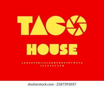 Vector Artistic logo Taco House. Creative Yellow Font. Exclusive Alphabet Letters and Numbers set.