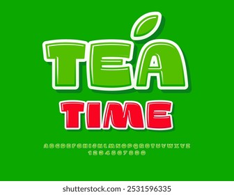 Logotipo artístico vetorial Tea Time. Fonte verde elegante. Conjunto moderno de letras e números do alfabeto brilhante.