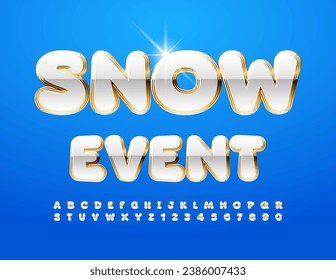 Vector artistic logotype Snow Event. Chic White and Gold Font. Glossy Alphabet Letters and Numbers set