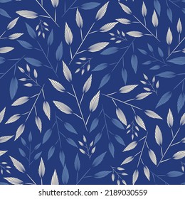 Vector artistic ornamental leaves twigs branches on blue elegant retro seamless pattern background. Great for fashion allover fabric print, textile, packaging projects, wallpapers and much more