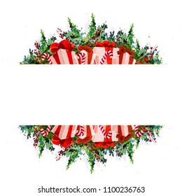 Vector artistic package design for New Year and Merry Christmas presents & stuff decoration with watercolor art fir tree branches, gift boxes, bow, sweets lollipops isolated on white background.