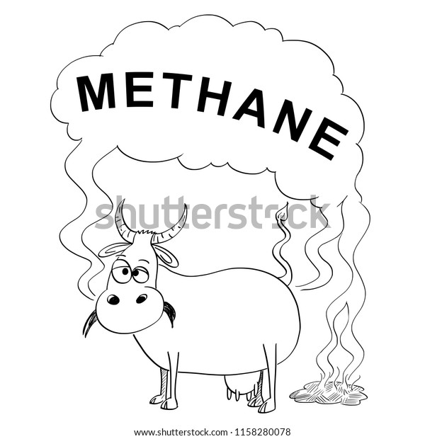 メタンを産生する牛の白黒描きのベクター画像アーティストペンとインクイラスト 大気汚染と温室効果ガスの生産に関する環境コンセプト のベクター画像素材 ロイヤリティフリー