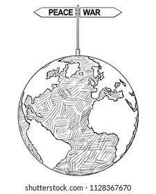 Vector artistic pen and ink conceptual drawing illustration of world globe with war and peace global arrow signs. Concept of conflicts and history.