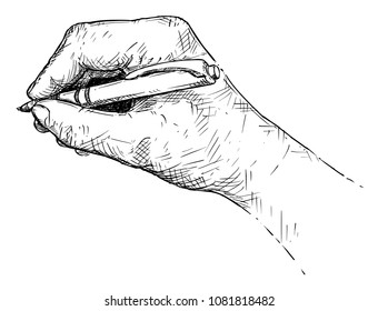 Vector artistic pen and ink drawing illustration of hand writing with ballpoint pen.