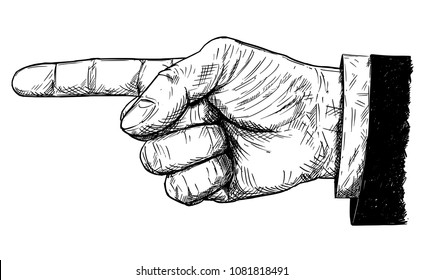 Lápiz artístico vectorial e ilustración de dibujo de hombre de negocios mano en traje con el dedo apuntando hacia la izquierda.