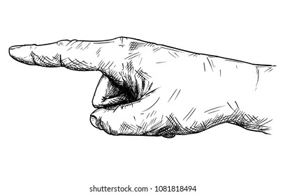 Vector artistic pen and ink drawing illustration of hand with finger pointing left direction.