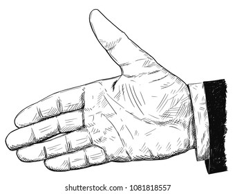 Vector artistic pen and ink drawing illustration of businessman hand in suit open for handshake gesture. Business concept of welcome and agreement. - Powered by Shutterstock - Get 15% off with code: PIKWIZARD15