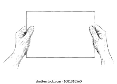 Vector artistic pen and ink drawing illustration of two hands holding blank sheet of paper.