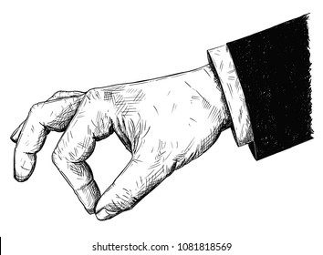 Vector artistic pen and ink drawing illustration of businessman hand in suit holding something small between pinch fingers. Possibly spice or salt or pepper.