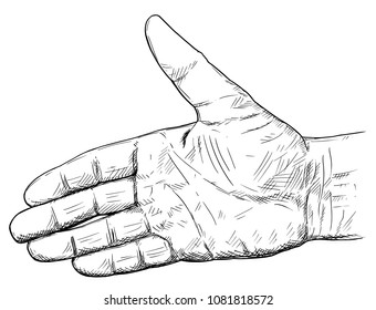 Vector artistic pen and ink drawing illustration of hand open for handshake gesture. Business concept of welcome and agreement.