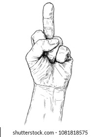 Vector Artistic Pen And Ink Drawing Illustration Of Fuck You Or Fuck Off Middle Finger Up Hand Gesture. Business Concept Of Aggression Signal Or Symbol.